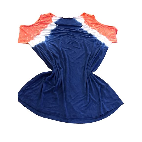 BELLDINI Plus Size Blue White Pink Tie-Dyed Cold-Shoulder Blouse Size XL - Picture 8 of 8